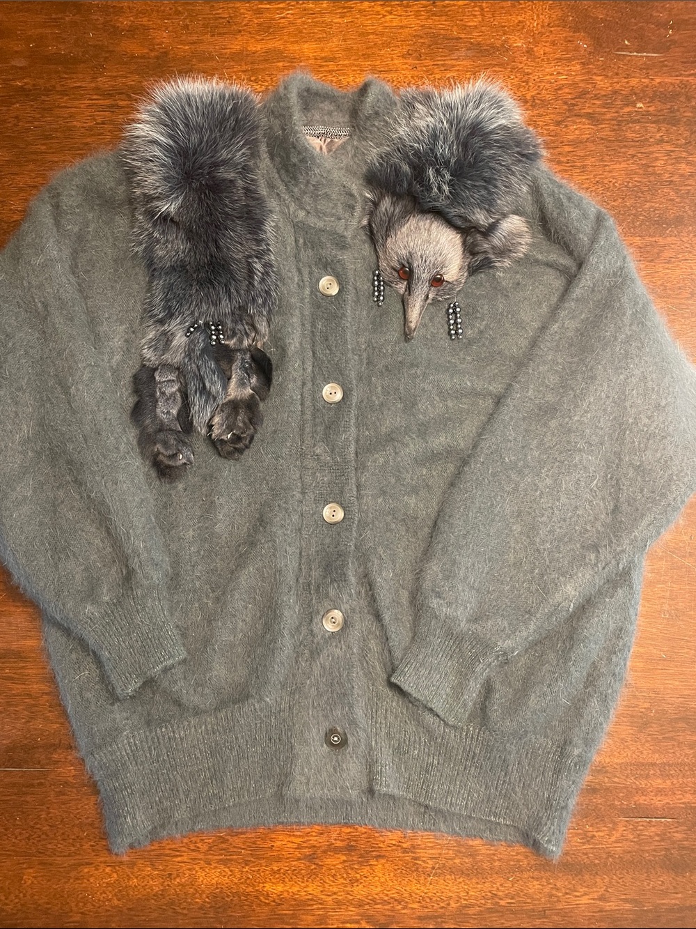Blue-Gray Mohair-Blend Cardigan with faux Fox-Fur Collar L?